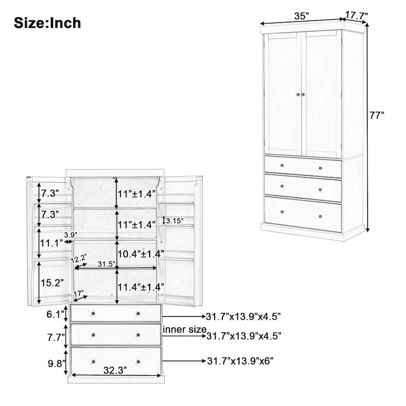 77inch Kitchen Pantry,Freestanding Tall Cupboard Storage Cabinet with 3 Adjustable Shelves,8 Door Shelves,3 Drawers