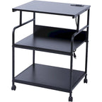 Printer Stand, Mobile Printer Cart, 3-Tier Printer Storage Rack with Charging Station and Roller for Office, Home (Black)