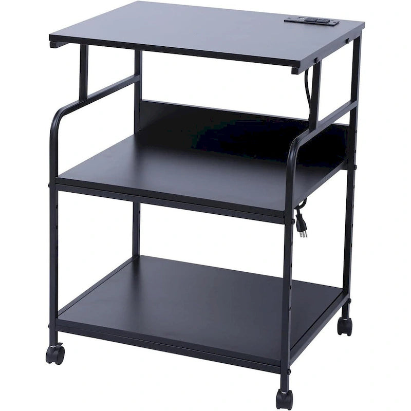 Printer Stand, Mobile Printer Cart, 3-Tier Printer Storage Rack with Charging Station and Roller for Office, Home (Black)