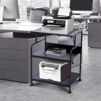 Printer Stand, Mobile Printer Cart, 3-Tier Printer Storage Rack with Charging Station and Roller for Office, Home (Black)