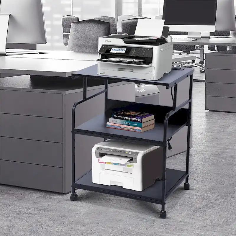 Printer Stand, Mobile Printer Cart, 3-Tier Printer Storage Rack with Charging Station and Roller for Office, Home (Black)