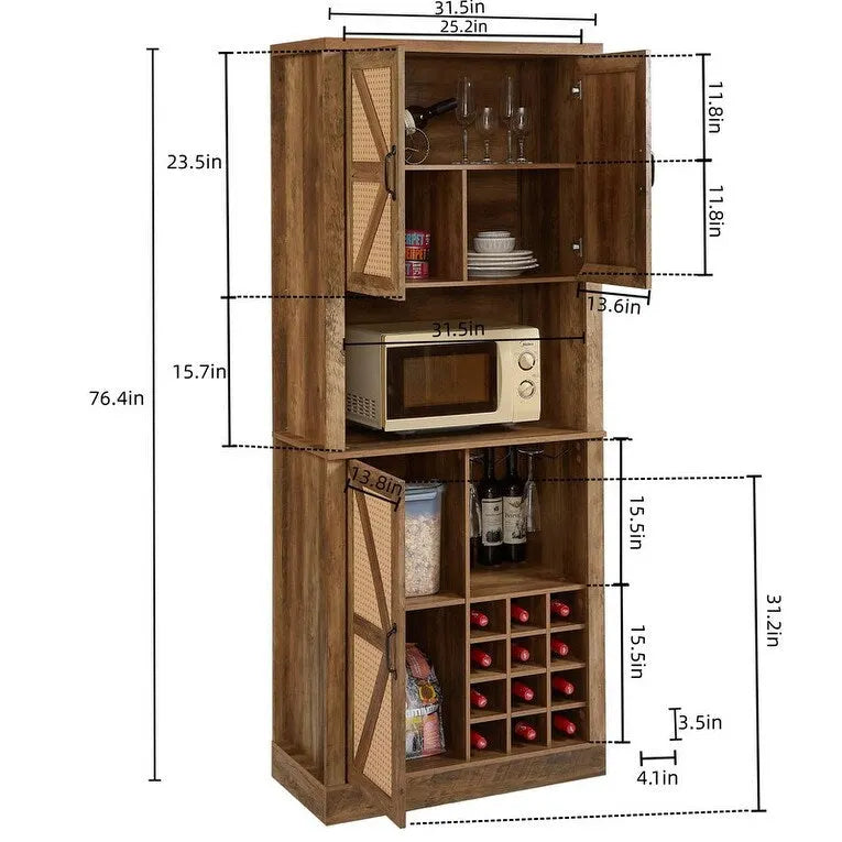 Mieres Wine Bar Cabinet, 76 Tall Kitchen Pantry Cabinet, Kitchen Bar Cabinet with Square Compartments, Coffee Bar Cabinet