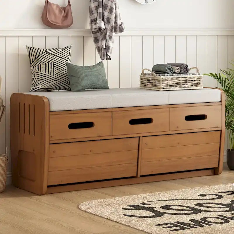 Rustic Storage Bench with 2 Drawers, Hidden Storage Space, and 3 False Drawers at the Top, Shoe Bench