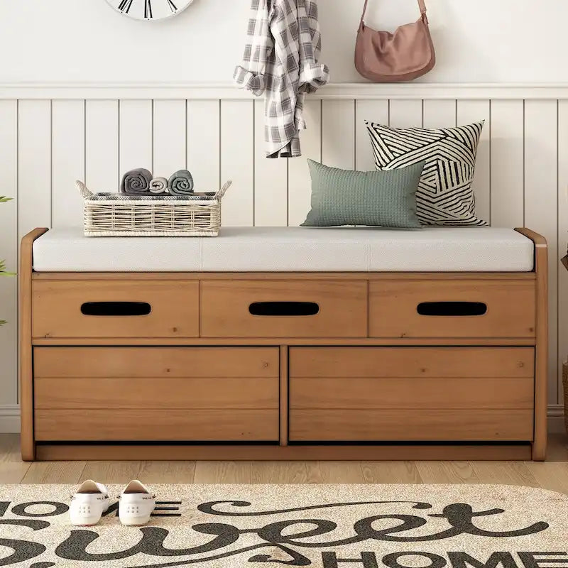 Rustic Storage Bench with 2 Drawers, Hidden Storage Space, and 3 False Drawers at the Top, Shoe Bench