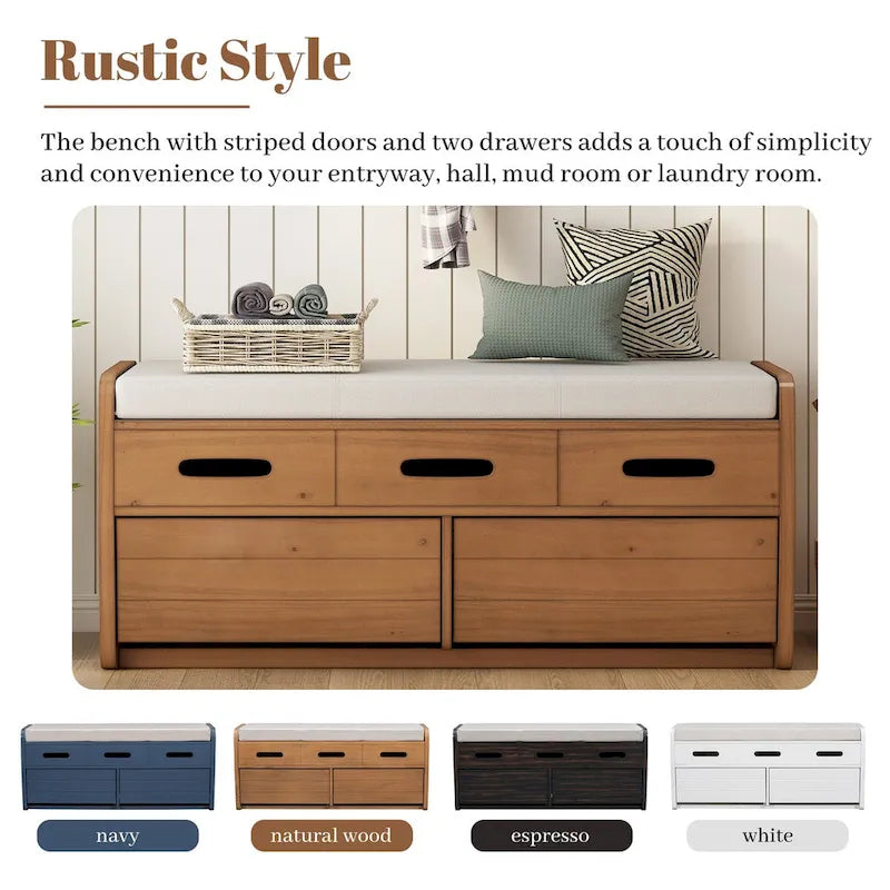 Rustic Storage Bench with 2 Drawers, Hidden Storage Space, and 3 False Drawers at the Top, Shoe Bench