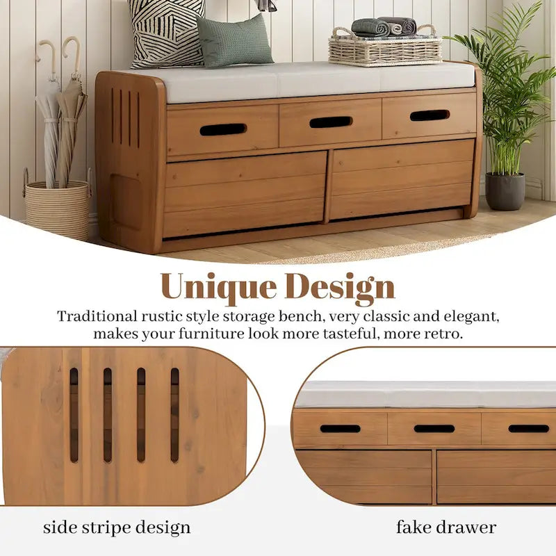 Rustic Storage Bench with 2 Drawers, Hidden Storage Space, and 3 False Drawers at the Top, Shoe Bench