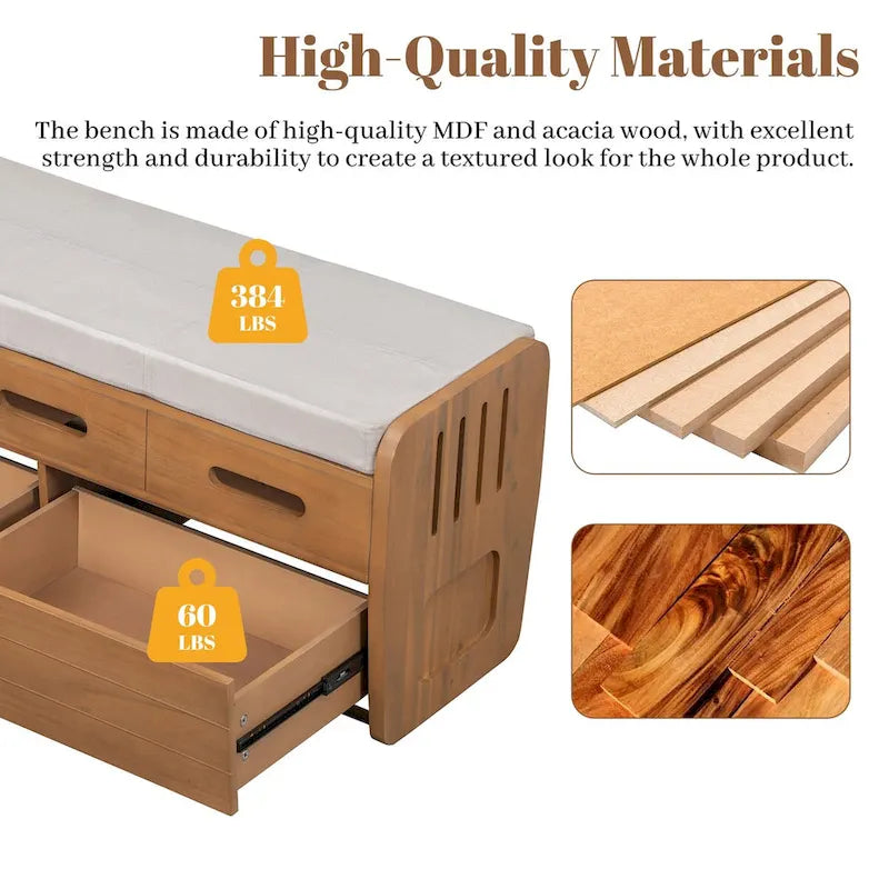 Rustic Storage Bench with 2 Drawers, Hidden Storage Space, and 3 False Drawers at the Top, Shoe Bench