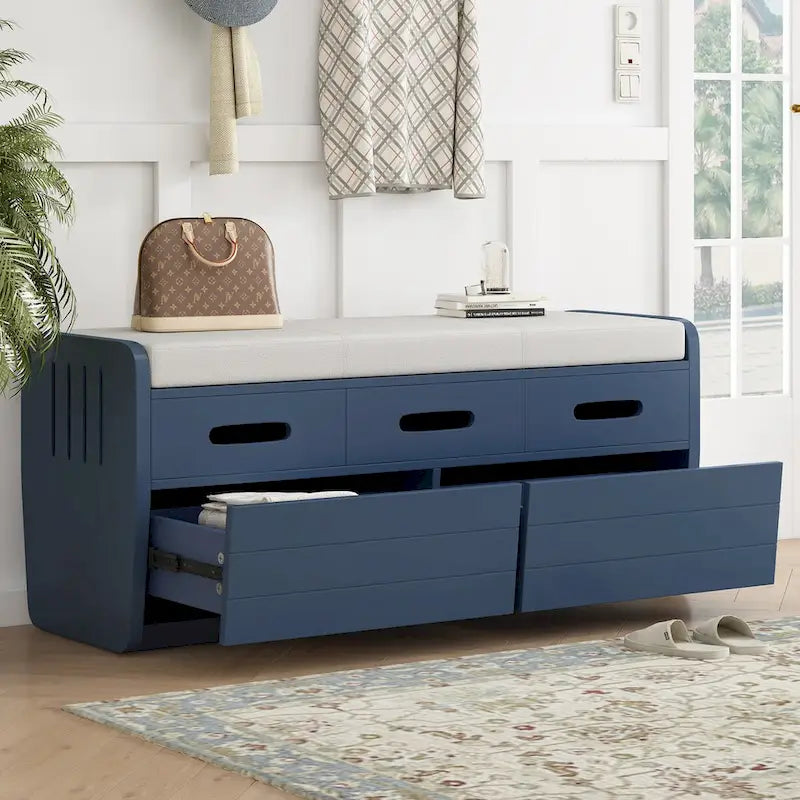 Rustic Storage Bench with 2 Drawers, Hidden Storage Space, and 3 False Drawers at the Top, Shoe Bench