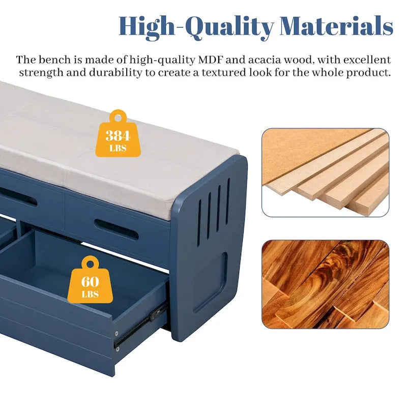 Rustic Storage Bench with 2 Drawers, Hidden Storage Space, and 3 False Drawers at the Top, Shoe Bench