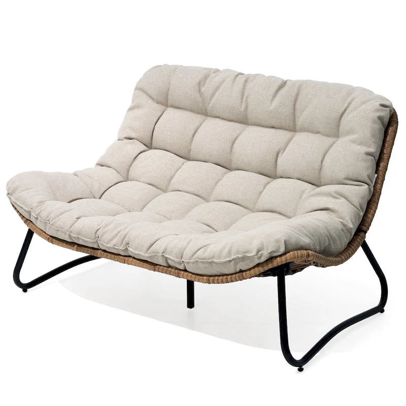 Double Papasan PE Rattan Chair Loveseat with Cushion For Indoor Outdoor