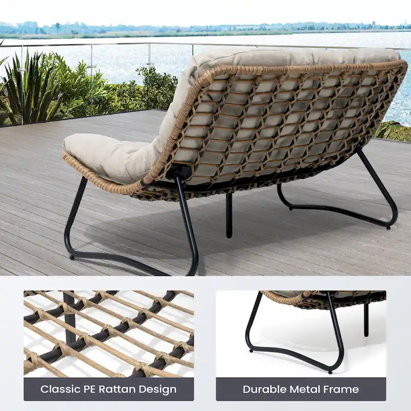Double Papasan PE Rattan Chair Loveseat with Cushion For Indoor Outdoor