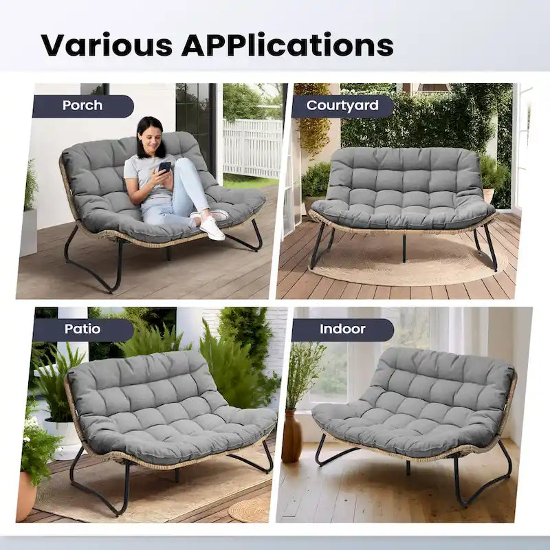 Double Papasan PE Rattan Chair Loveseat with Cushion For Indoor Outdoor