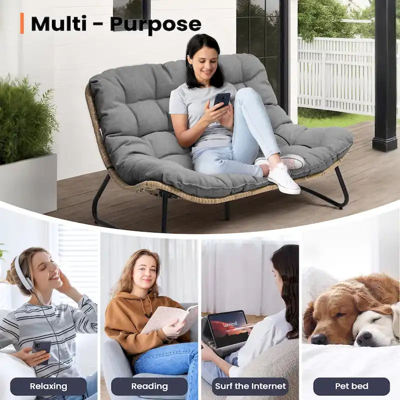 Double Papasan PE Rattan Chair Loveseat with Cushion For Indoor Outdoor
