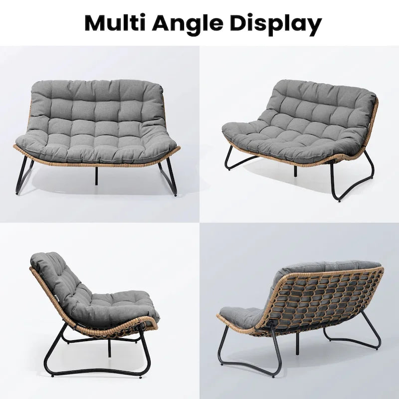 Double Papasan PE Rattan Chair Loveseat with Cushion For Indoor Outdoor