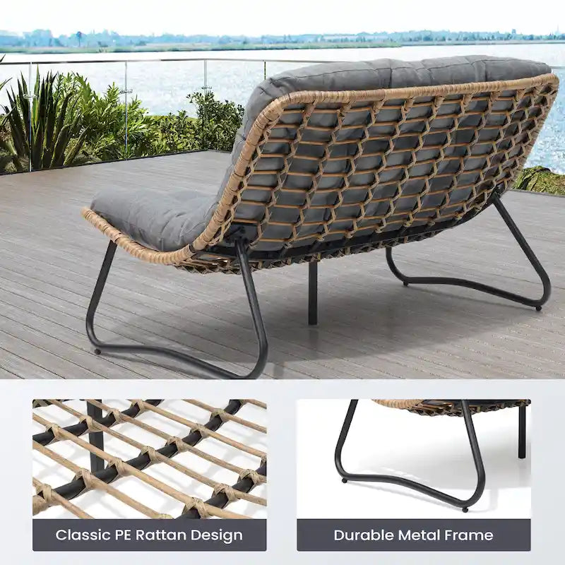 Double Papasan PE Rattan Chair Loveseat with Cushion For Indoor Outdoor