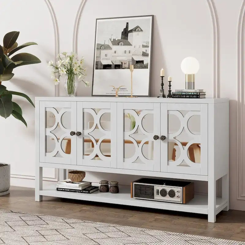 Elegant Retro Console Table,Storage Cabinet,Sideboard with Mirrored Doors, Spacious Shelves, and Durable Acacia Wood Legs