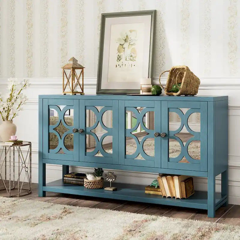 Elegant Retro Console Table,Storage Cabinet,Sideboard with Mirrored Doors, Spacious Shelves, and Durable Acacia Wood Legs