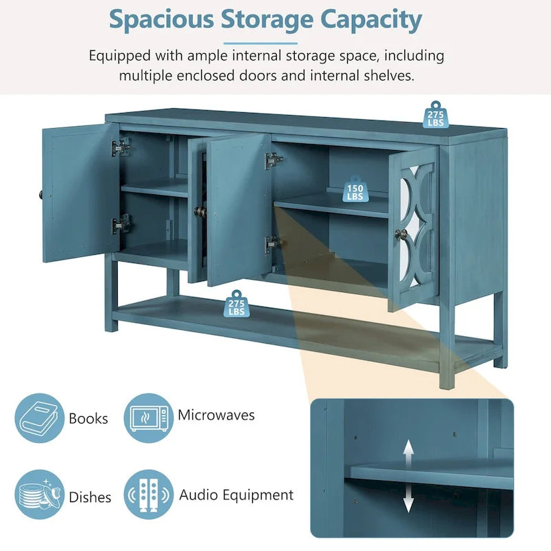 Elegant Retro Console Table,Storage Cabinet,Sideboard with Mirrored Doors, Spacious Shelves, and Durable Acacia Wood Legs
