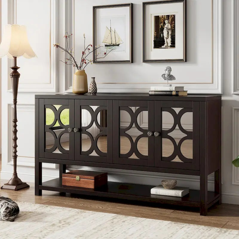 Elegant Retro Console Table,Storage Cabinet,Sideboard with Mirrored Doors, Spacious Shelves, and Durable Acacia Wood Legs
