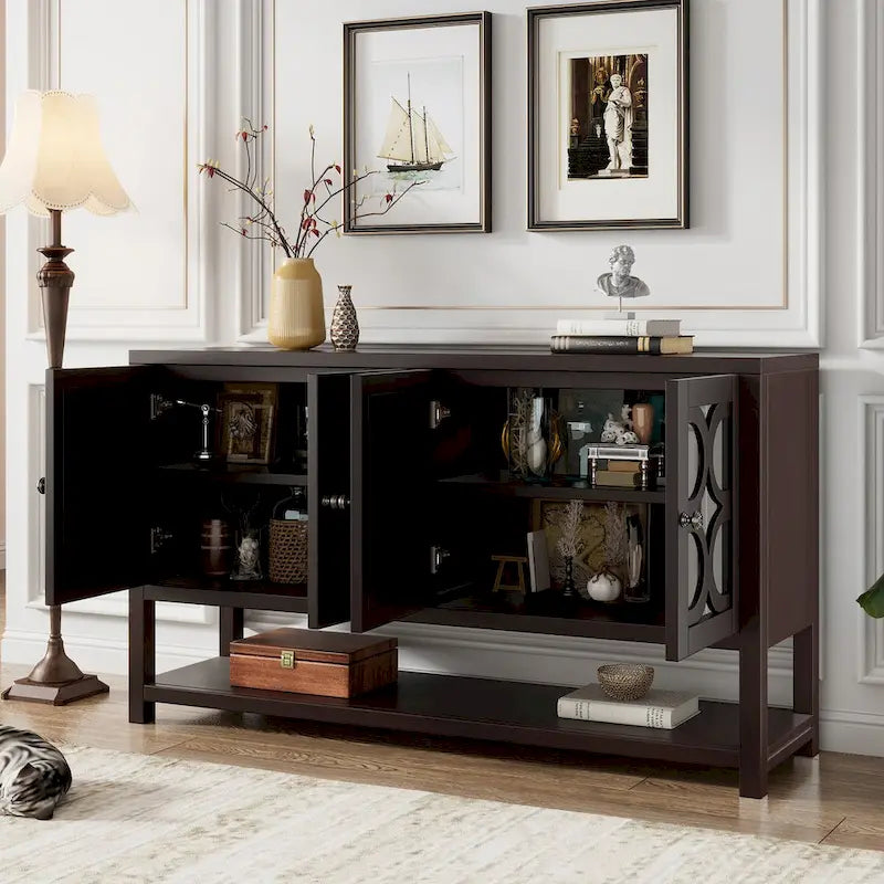 Elegant Retro Console Table,Storage Cabinet,Sideboard with Mirrored Doors, Spacious Shelves, and Durable Acacia Wood Legs