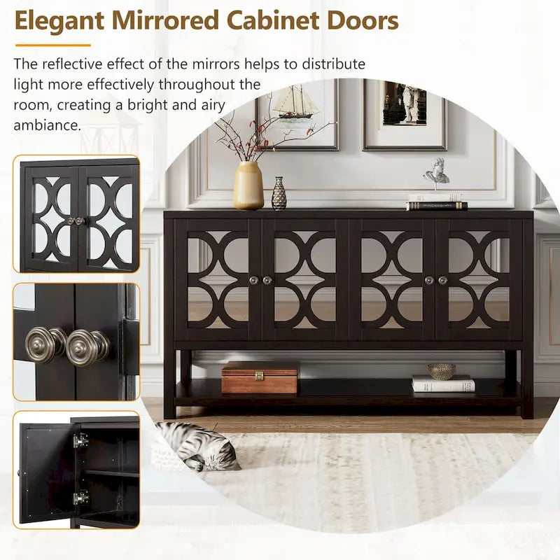 Elegant Retro Console Table,Storage Cabinet,Sideboard with Mirrored Doors, Spacious Shelves, and Durable Acacia Wood Legs