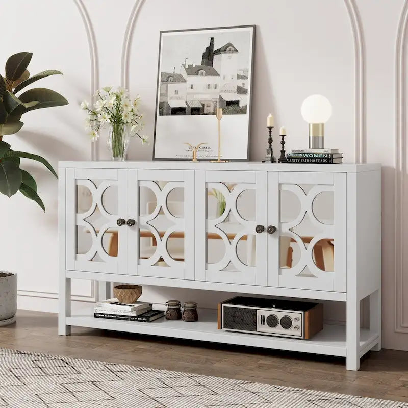 Elegant Retro Console Table,Storage Cabinet,Sideboard with Mirrored Doors, Spacious Shelves, and Durable Acacia Wood Legs