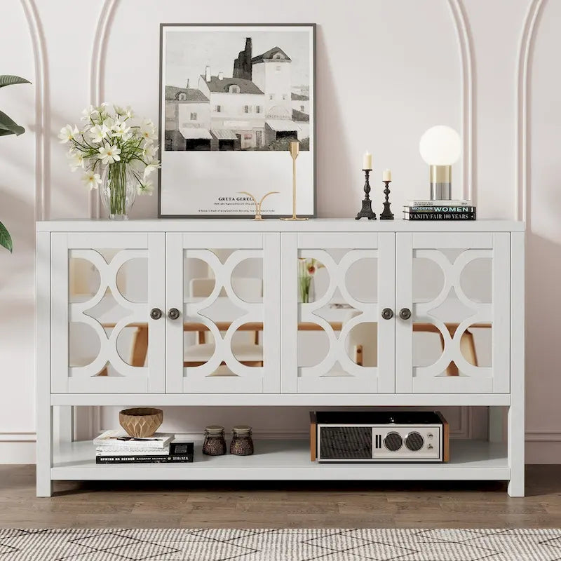 Elegant Retro Console Table,Storage Cabinet,Sideboard with Mirrored Doors, Spacious Shelves, and Durable Acacia Wood Legs