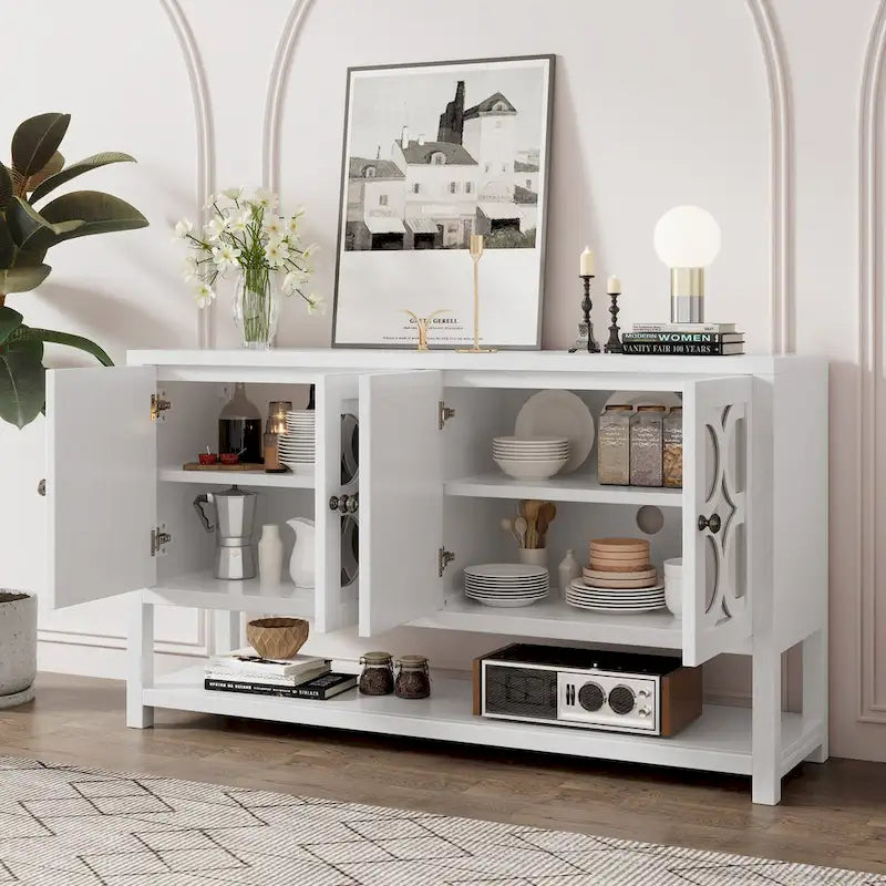 Elegant Retro Console Table,Storage Cabinet,Sideboard with Mirrored Doors, Spacious Shelves, and Durable Acacia Wood Legs