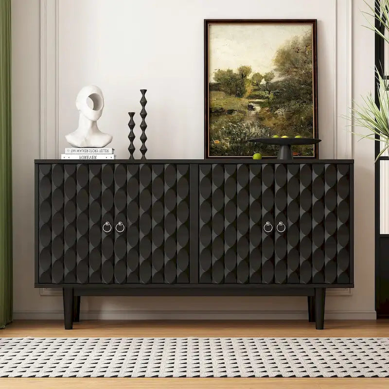 Modern 4-Door Sideboard with Convex Pattern Doors and Silver Handles