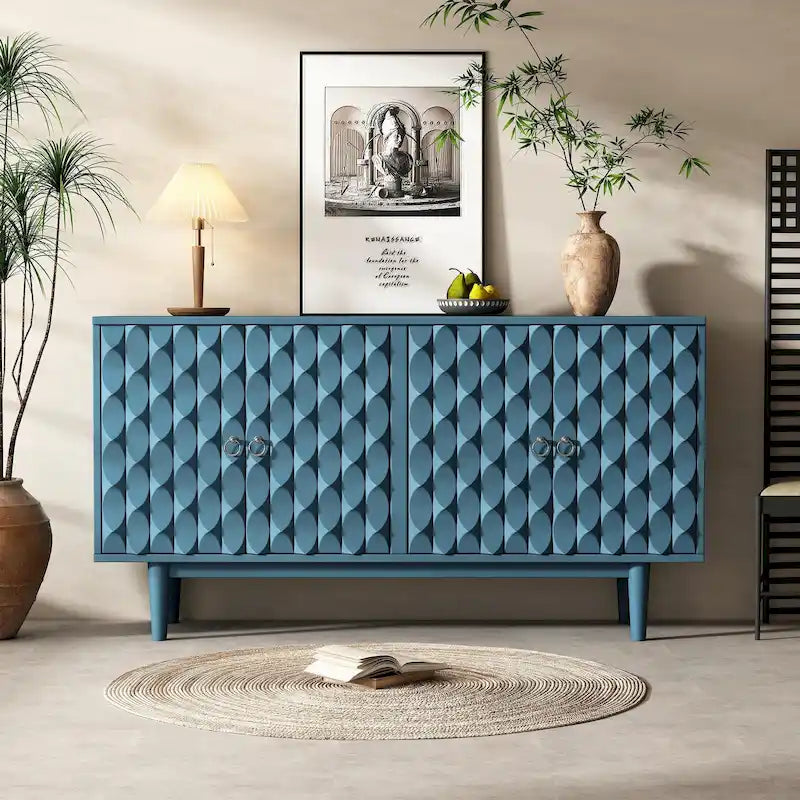 Modern 4-Door Sideboard with Convex Pattern Doors and Silver Handles