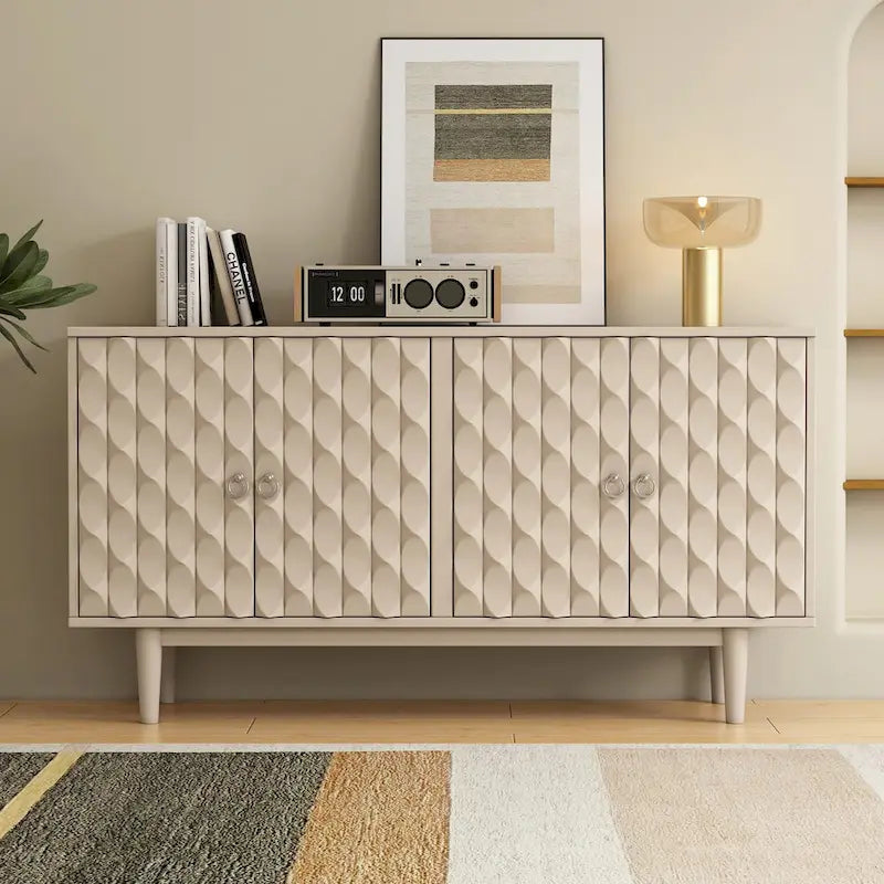 Modern 4-Door Sideboard with Convex Pattern Doors and Silver Handles