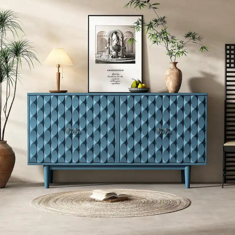 Modern 4-Door Sideboard with Convex Pattern Doors and Silver Handles