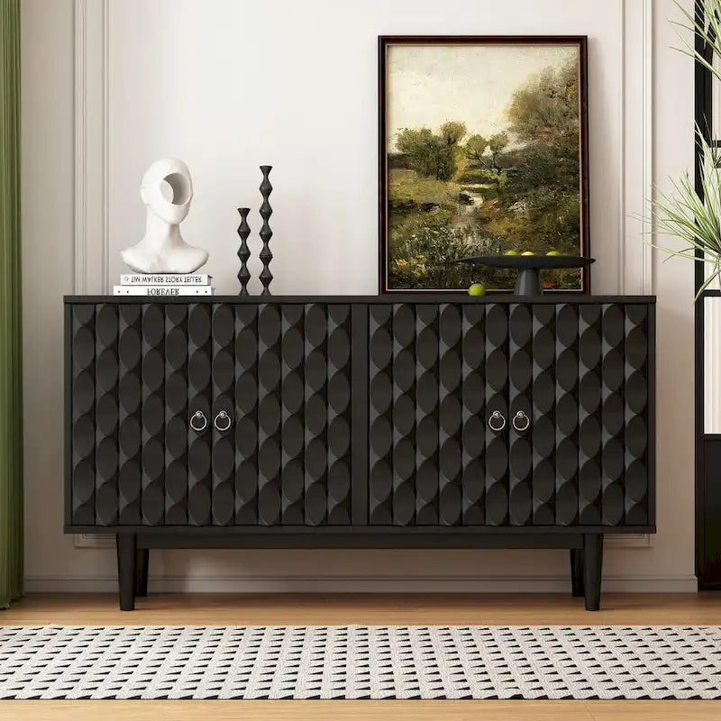 Modern 4-Door Sideboard with Convex Pattern Doors and Silver Handles