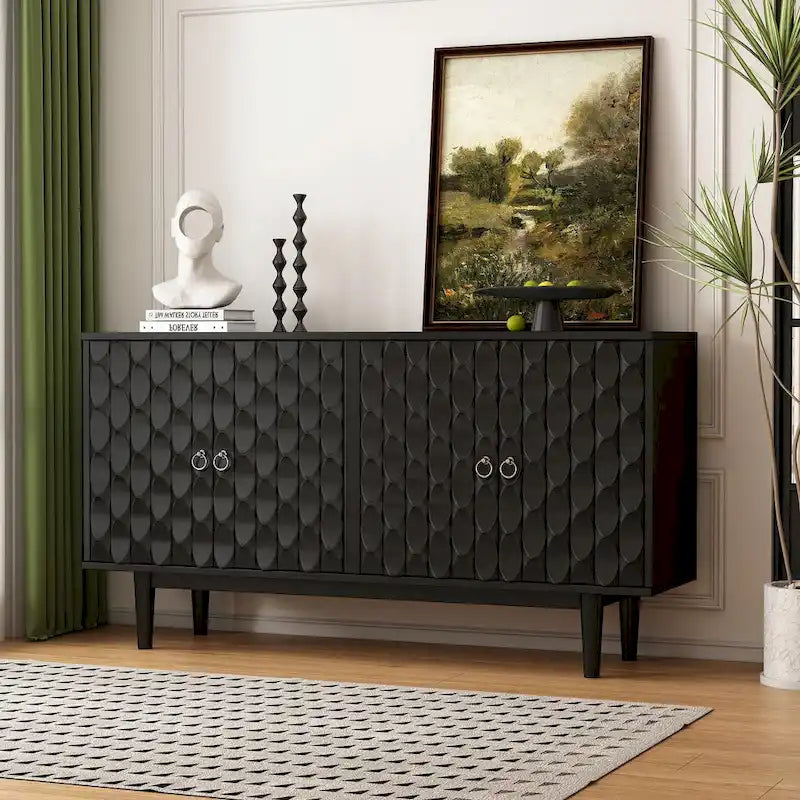 Modern 4-Door Sideboard with Convex Pattern Doors and Silver Handles
