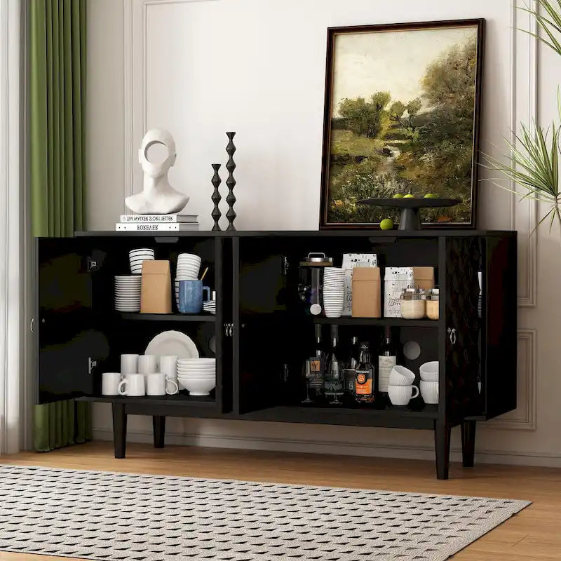 Modern 4-Door Sideboard with Convex Pattern Doors and Silver Handles