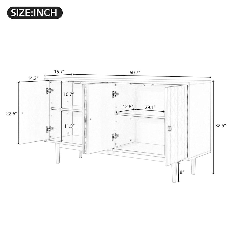 Modern 4-Door Sideboard with Convex Pattern Doors and Silver Handles