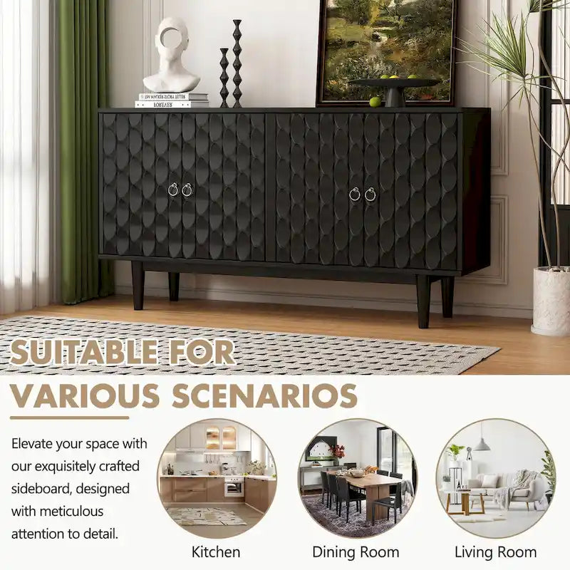 Modern 4-Door Sideboard with Convex Pattern Doors and Silver Handles