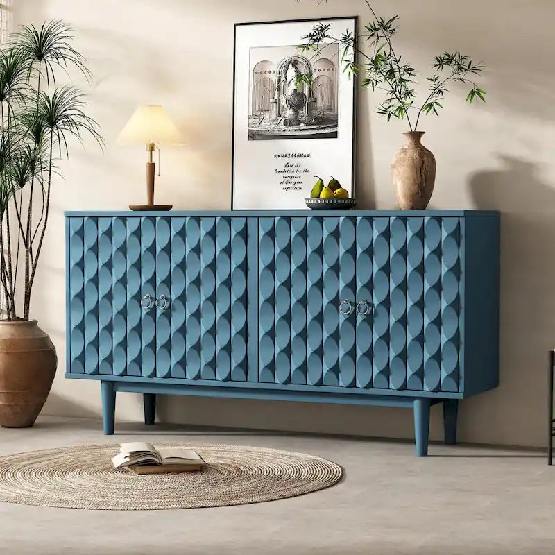Modern 4-Door Sideboard with Convex Pattern Doors and Silver Handles