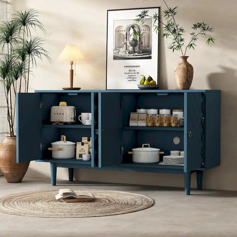 Modern 4-Door Sideboard with Convex Pattern Doors and Silver Handles