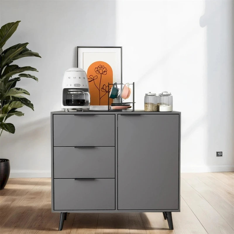 Wood Sideboard Buffet Cabinet with 3 Drawers & Adjustable Shelf & Door