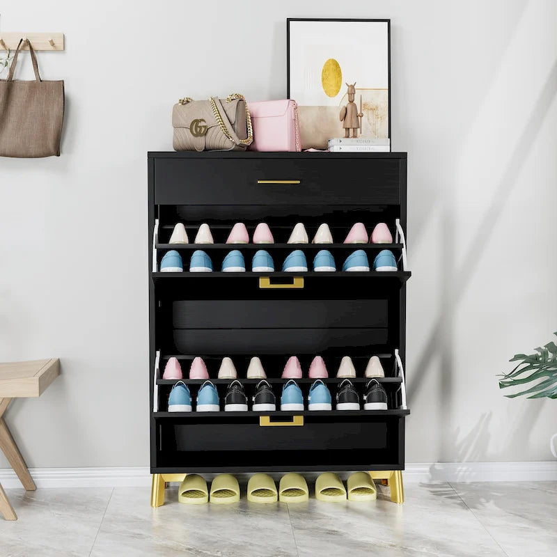 Shoe Storage Cabinet for Entryway, Free Standing Shoe Organizer with 2 Flip Drawers, Hidden Shoe Rack Storage Organizer