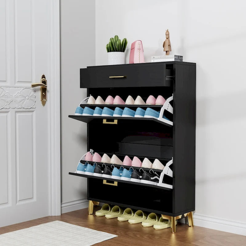 Shoe Storage Cabinet for Entryway, Free Standing Shoe Organizer with 2 Flip Drawers, Hidden Shoe Rack Storage Organizer