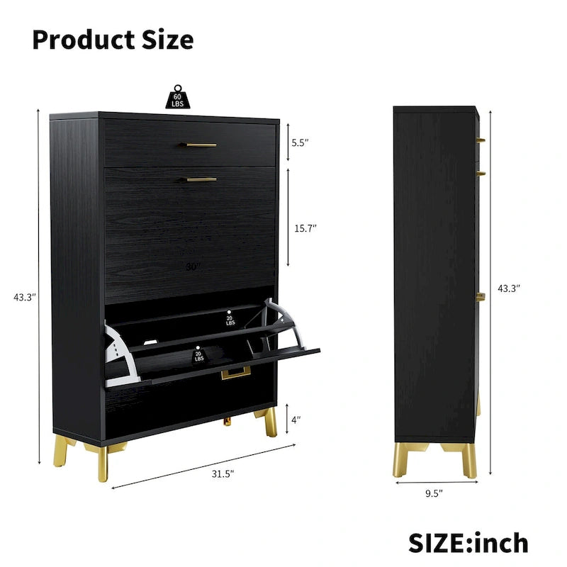 Shoe Storage Cabinet for Entryway, Free Standing Shoe Organizer with 2 Flip Drawers, Hidden Shoe Rack Storage Organizer