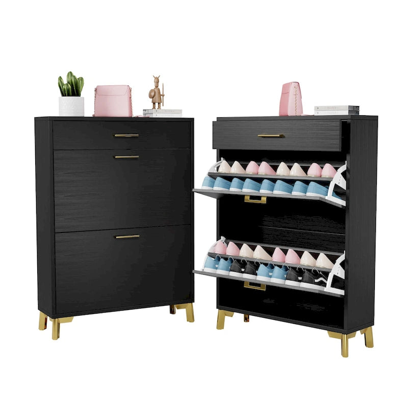 Shoe Storage Cabinet for Entryway, Free Standing Shoe Organizer with 2 Flip Drawers, Hidden Shoe Rack Storage Organizer