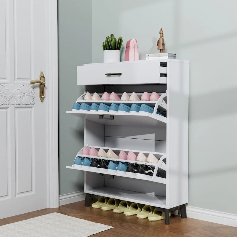 Shoe Storage Cabinet for Entryway, Free Standing Shoe Organizer with 2 Flip Drawers, Hidden Shoe Rack Storage Organizer