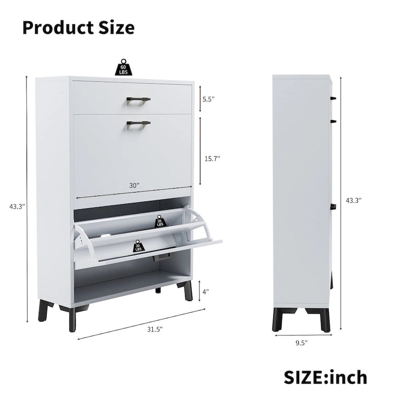Shoe Storage Cabinet for Entryway, Free Standing Shoe Organizer with 2 Flip Drawers, Hidden Shoe Rack Storage Organizer